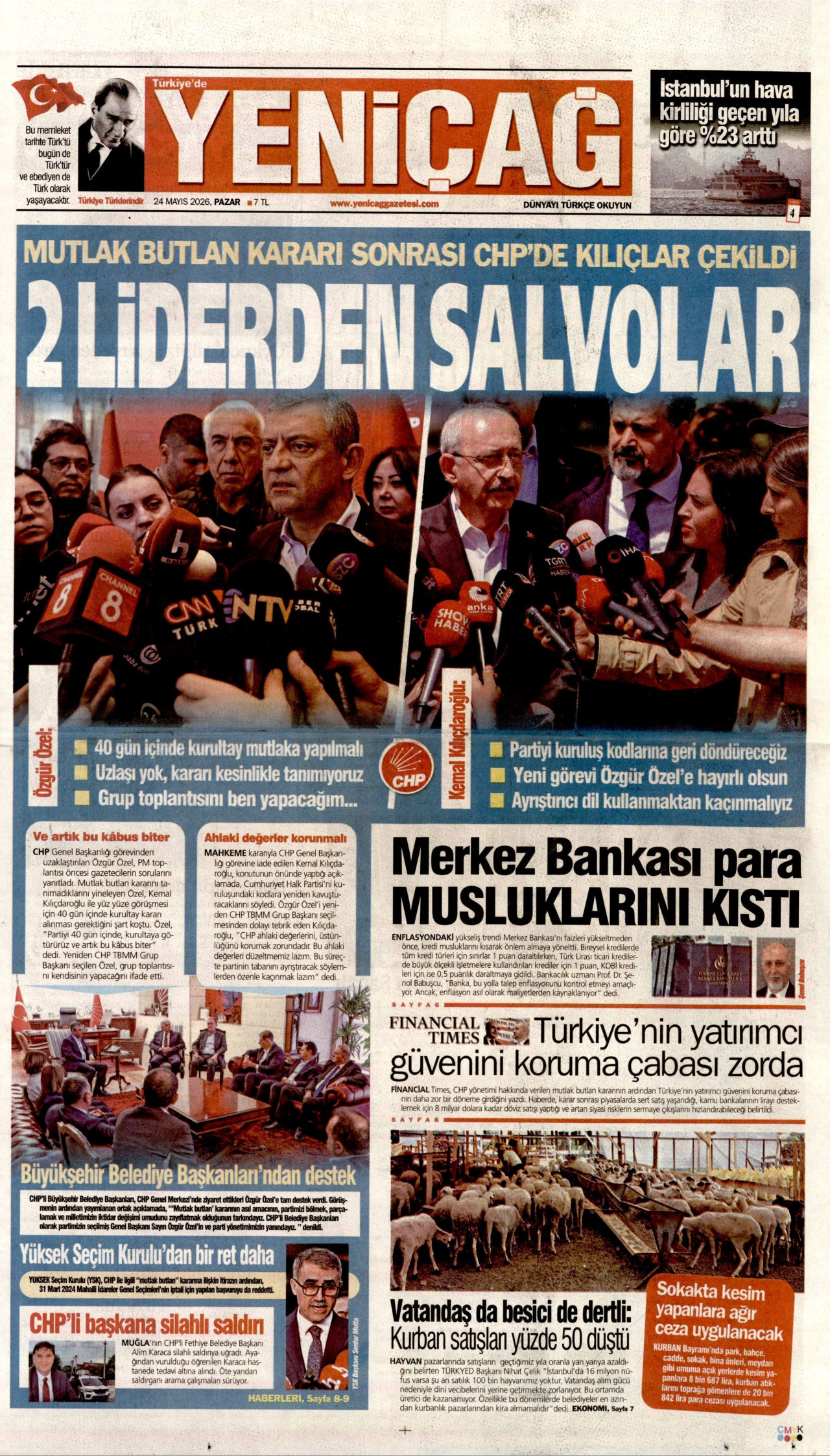 YENİÇAĞ gazetesinin 24 Mayıs 2026 tarihli birinci sayfası