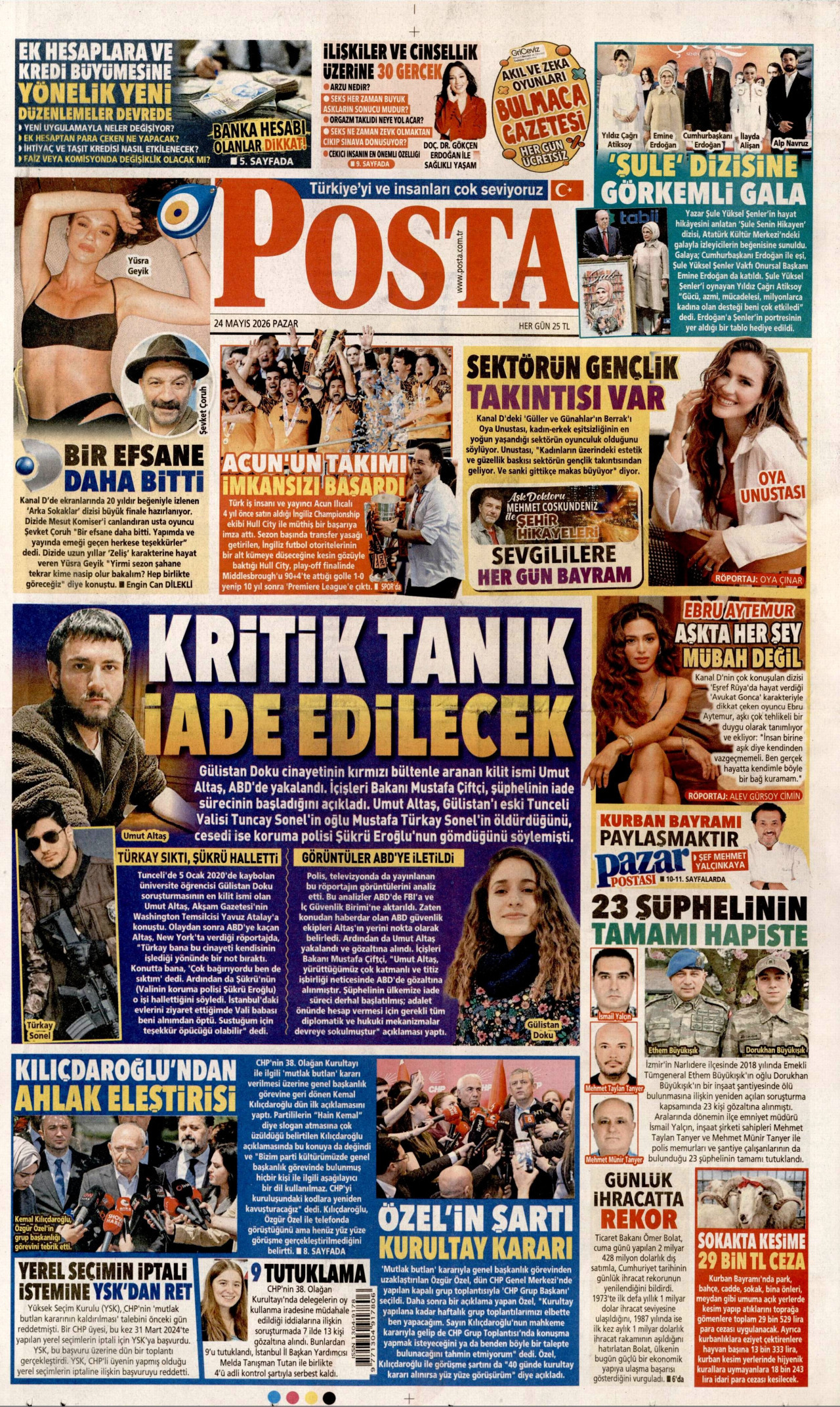 POSTA gazetesinin 24 Mayıs 2026 tarihli birinci sayfası