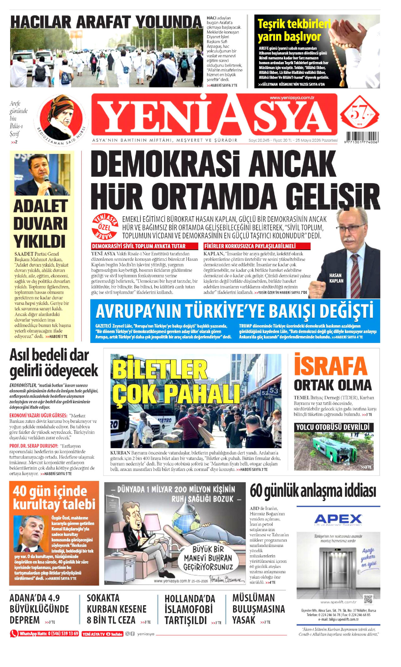 YENİ ASYA gazetesinin 25 Mayıs 2026 tarihli birinci sayfası