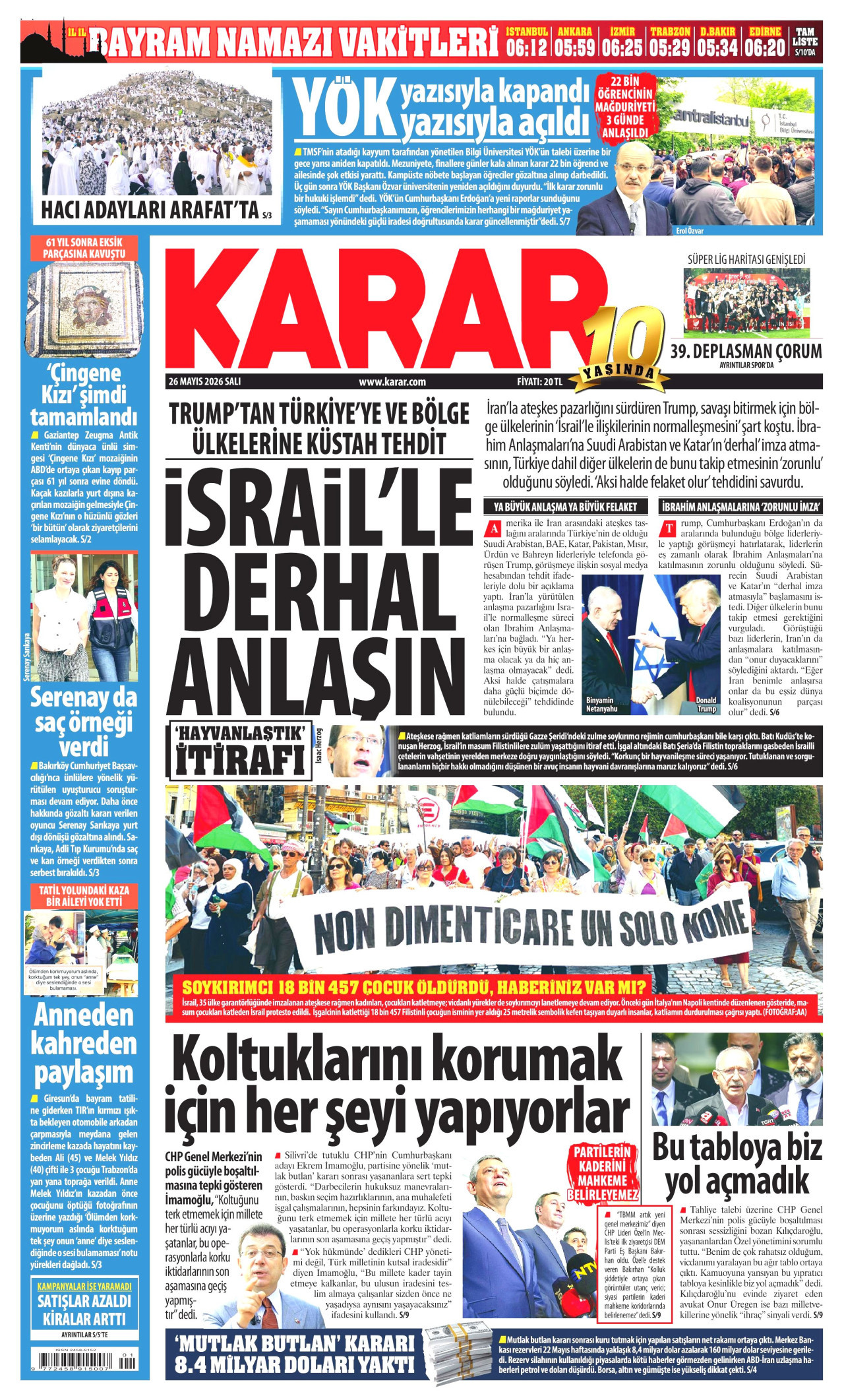 KARAR gazetesinin 26 Mayıs 2026 tarihli birinci sayfası