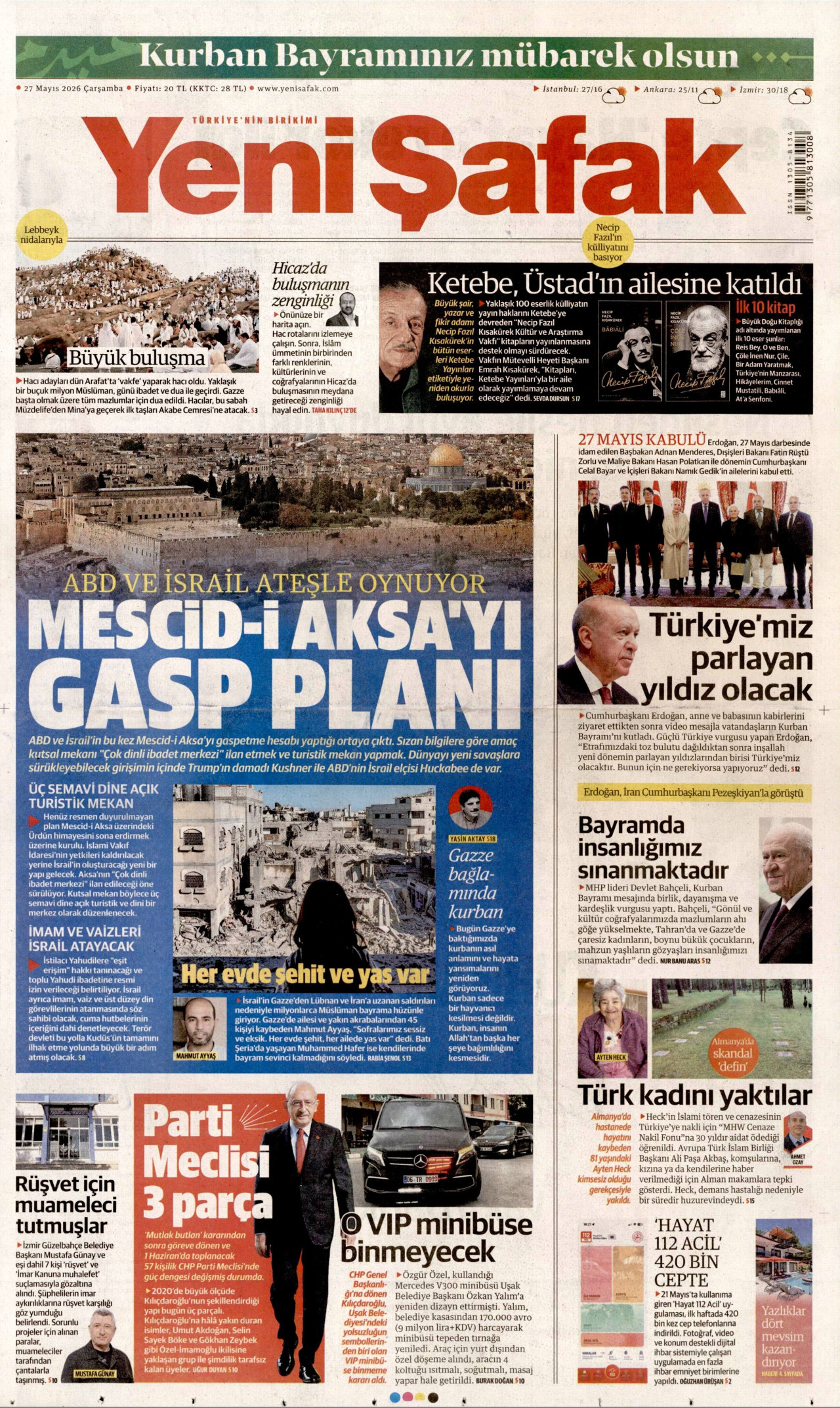 YENİ ŞAFAK gazetesinin 27 Mayıs 2026 tarihli birinci sayfası