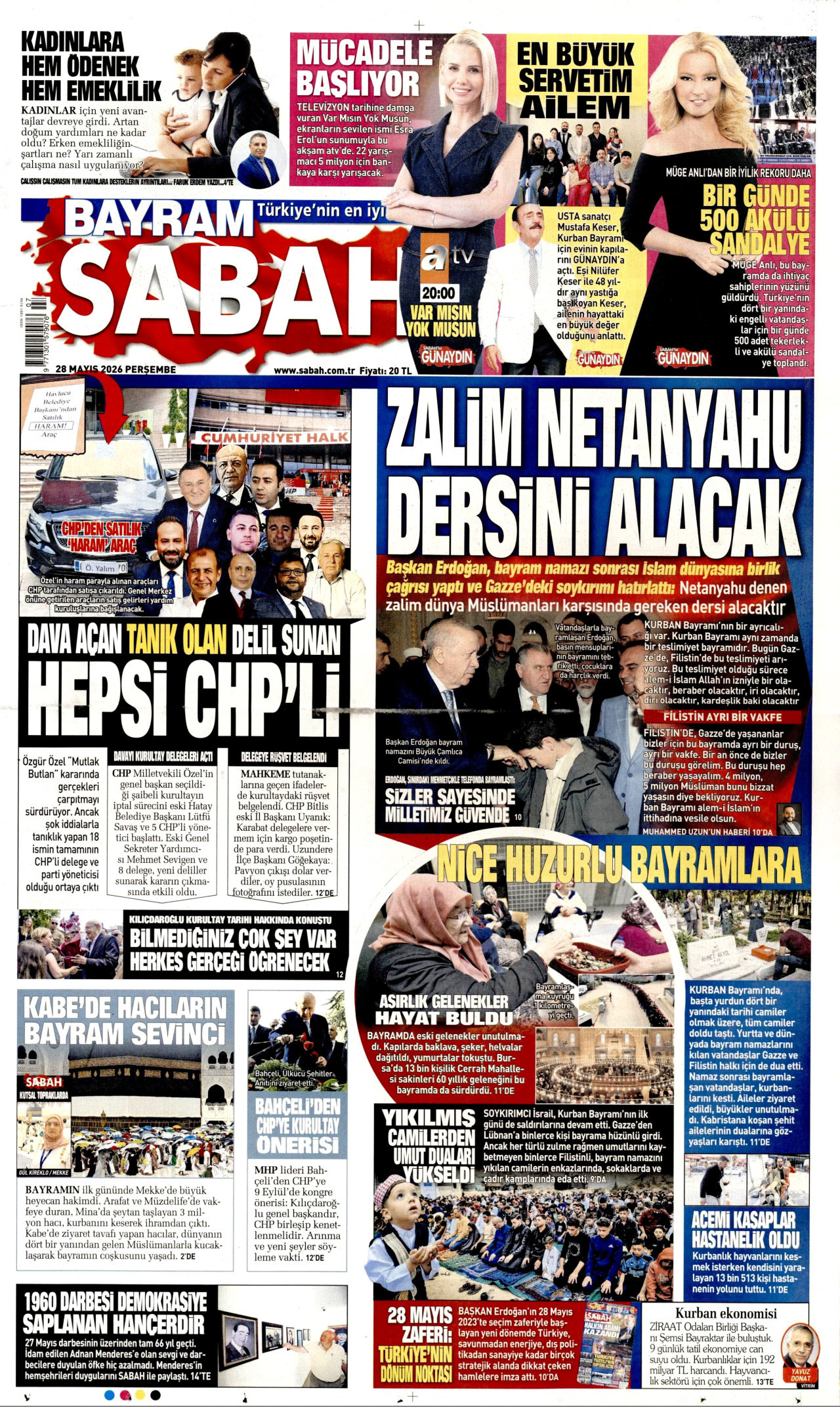SABAH gazetesinin 28 Mayıs 2026 tarihli birinci sayfası