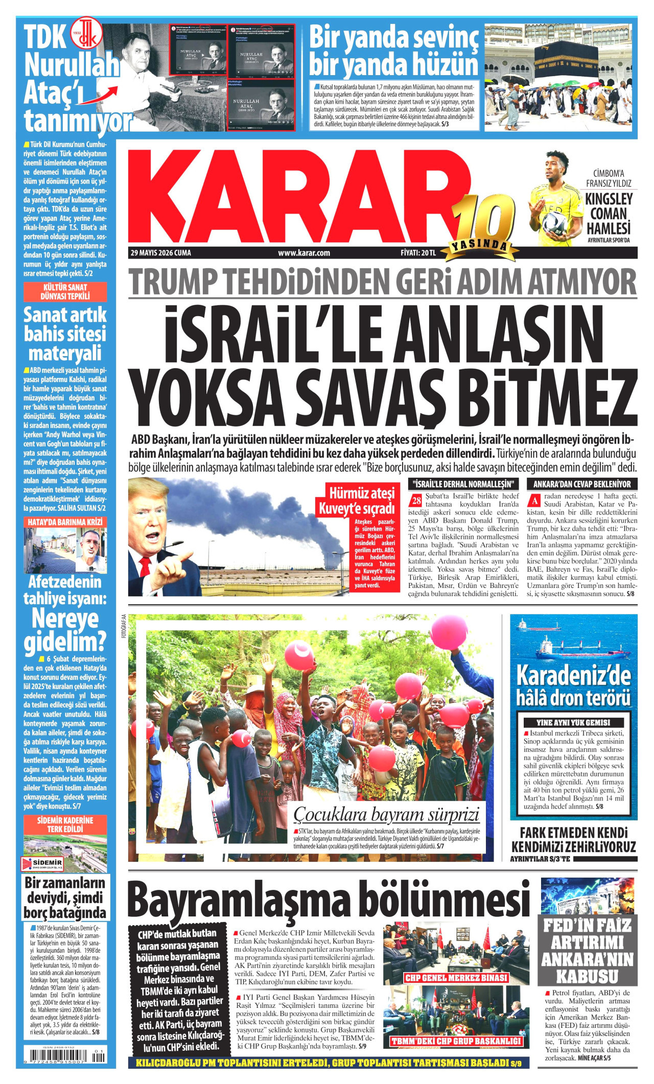 KARAR gazetesinin 29 Mayıs 2026 tarihli birinci sayfası
