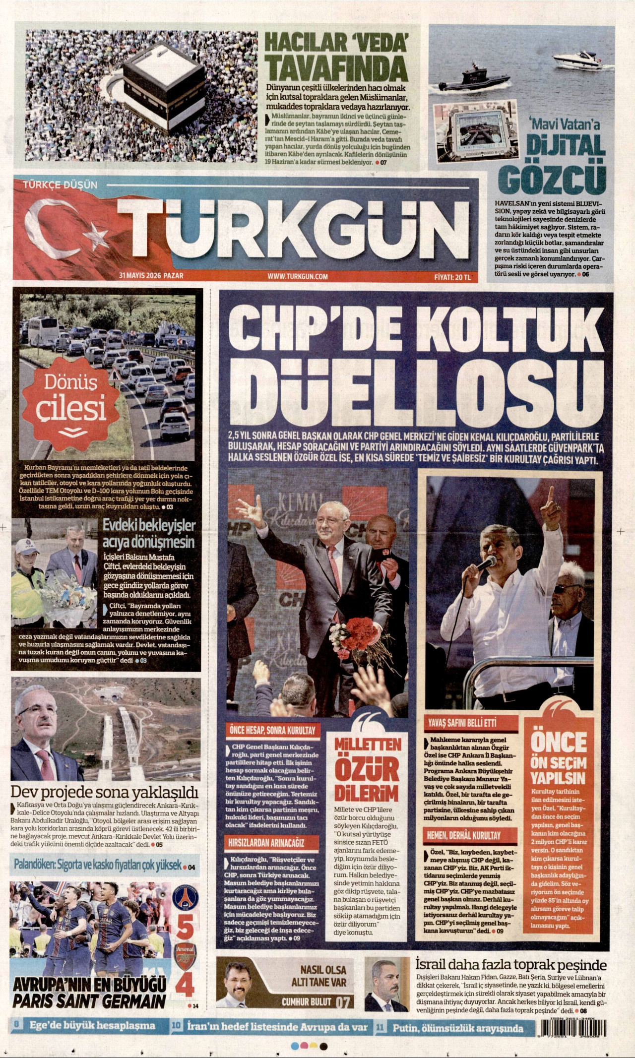 TÜRKGÜN gazetesinin 31 Mayıs 2026 tarihli birinci sayfası