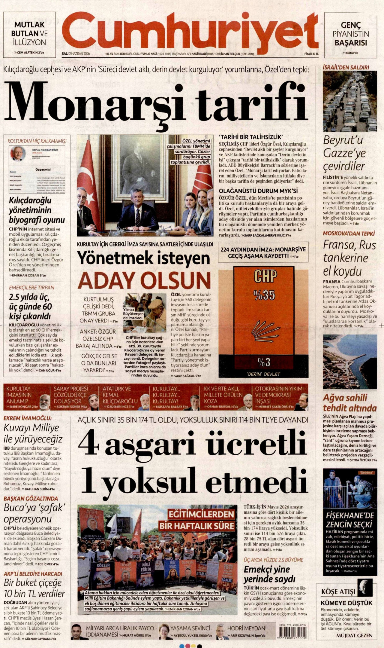 CUMHURİYET gazetesinin 2 Haziran 2026 tarihli birinci sayfası