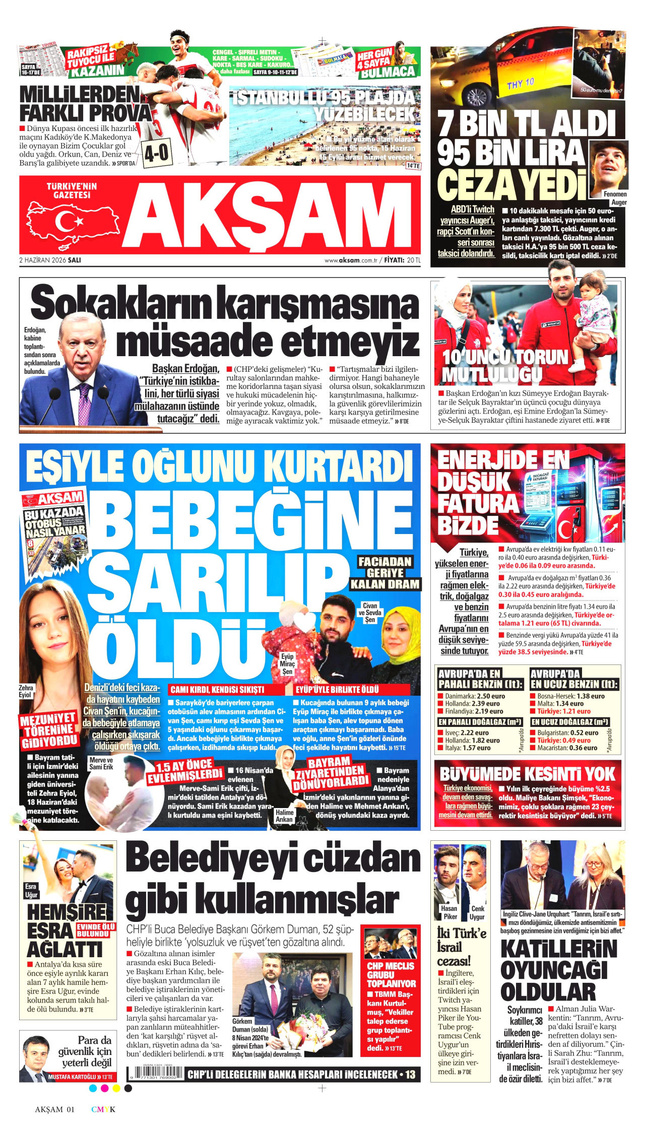 AKŞAM gazetesinin 2 Haziran 2026 tarihli birinci sayfası