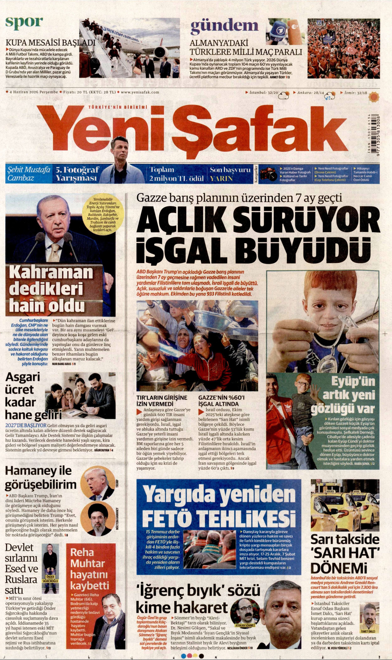 YENİ ŞAFAK gazetesinin 4 Haziran 2026 tarihli birinci sayfası