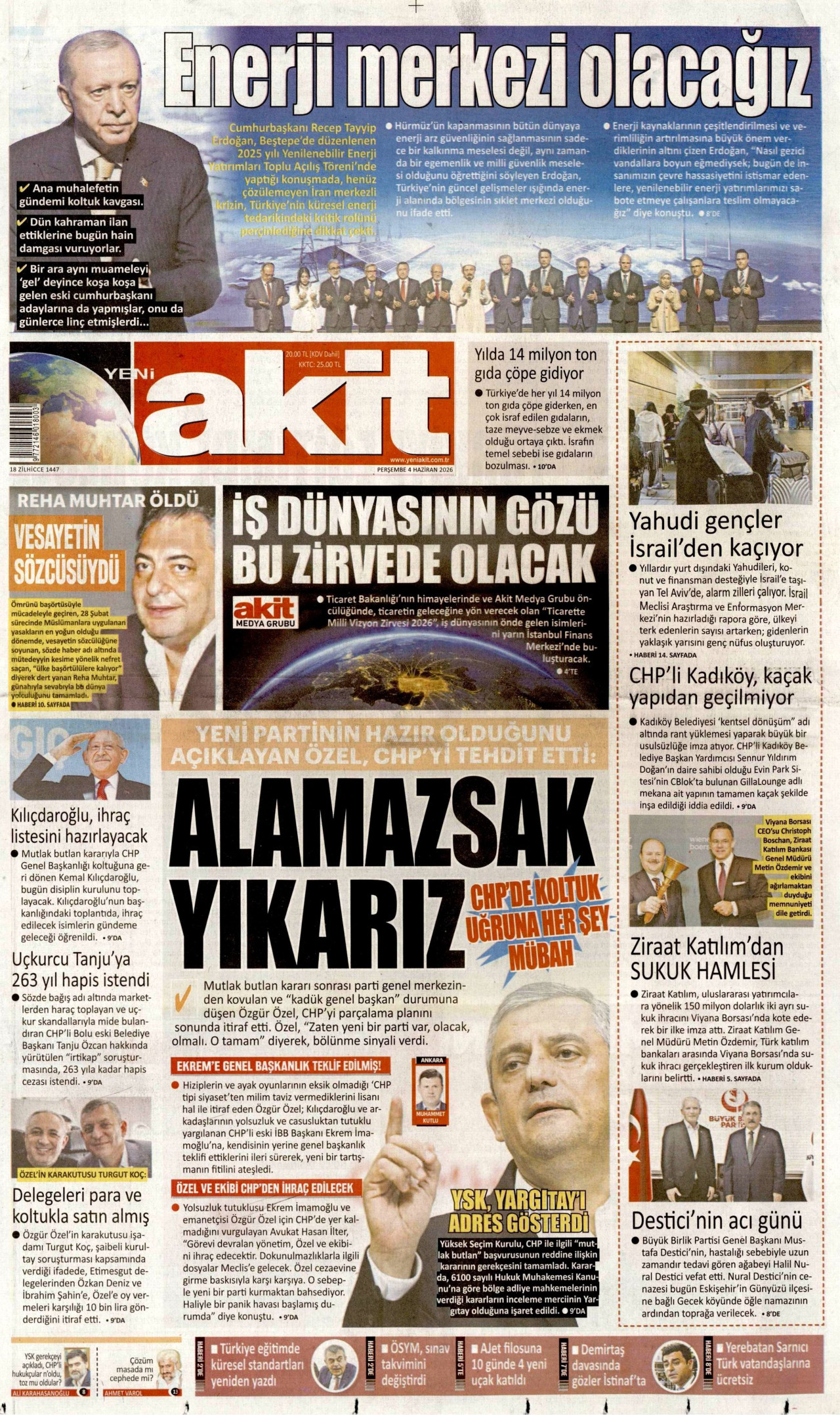 YENİ AKİT gazetesinin 4 Haziran 2026 tarihli birinci sayfası