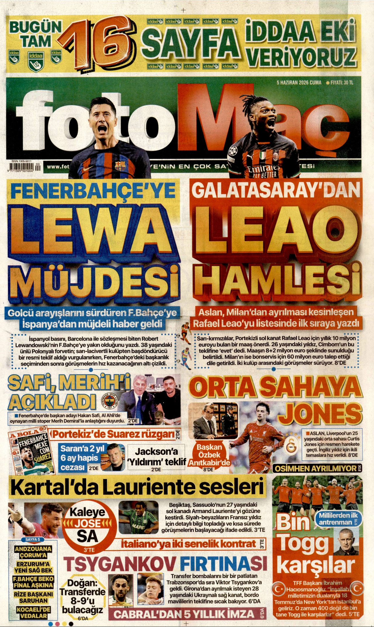FOTOMAÇ gazetesinin 5 Haziran 2026 tarihli birinci sayfası