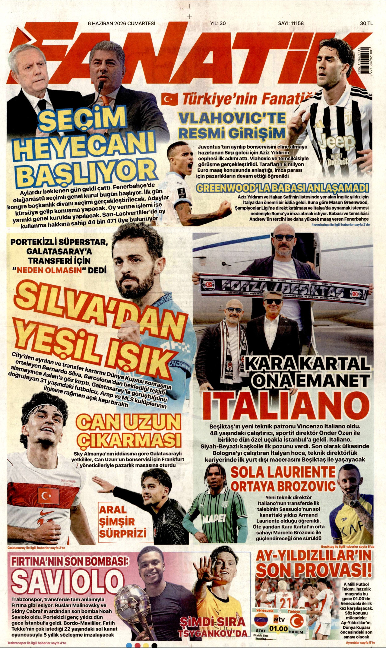 FANATİK gazetesinin 6 Haziran 2026 tarihli birinci sayfası