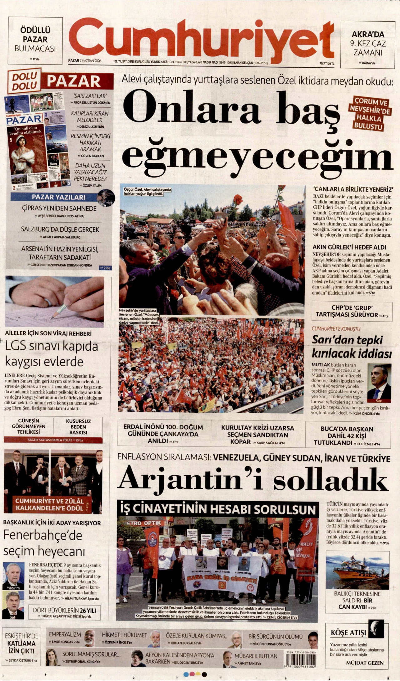 CUMHURİYET gazetesinin 7 Haziran 2026 tarihli birinci sayfası