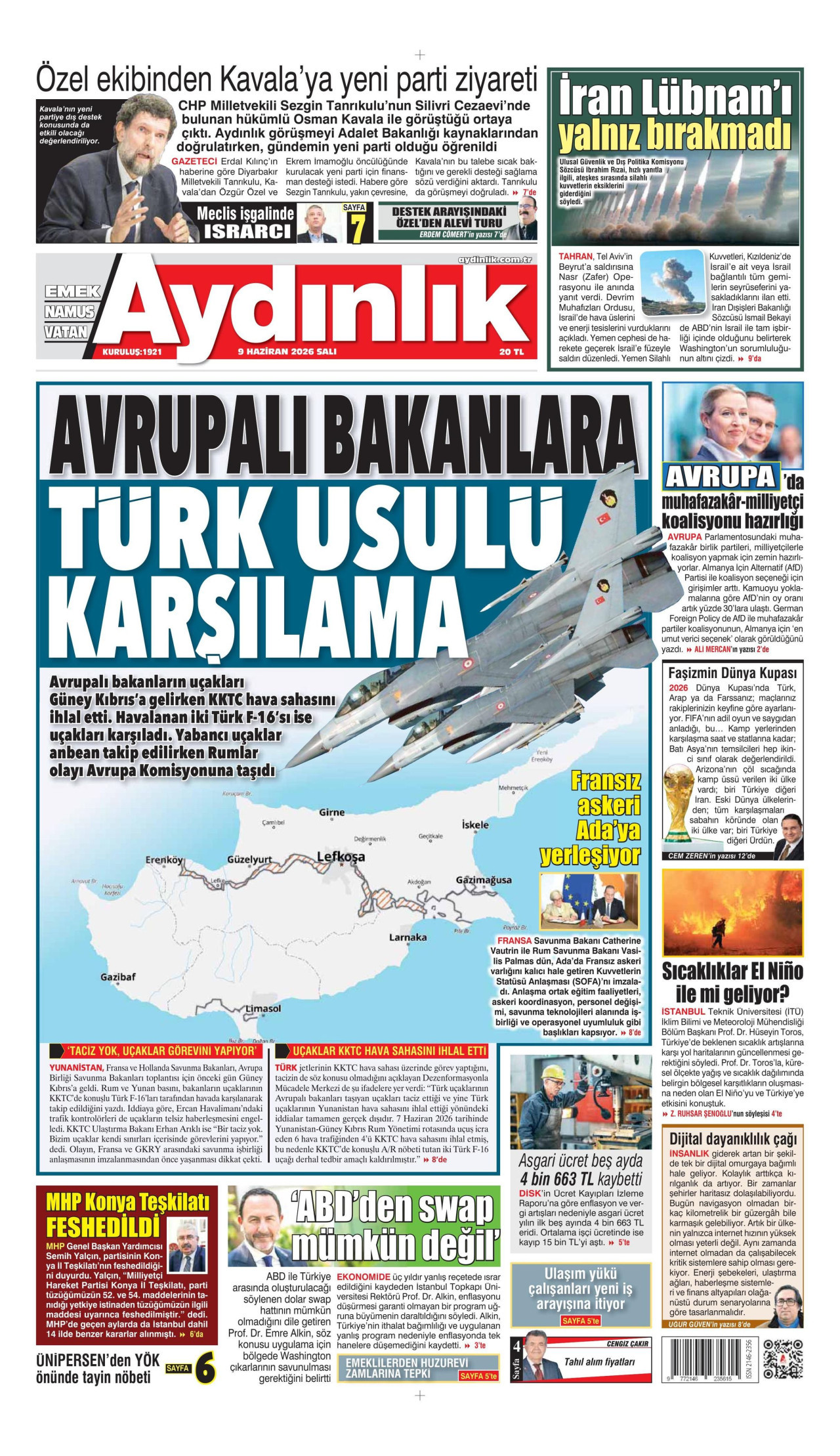 AYDINLIK GAZETESİ gazetesinin 9 Haziran 2026 tarihli birinci sayfası