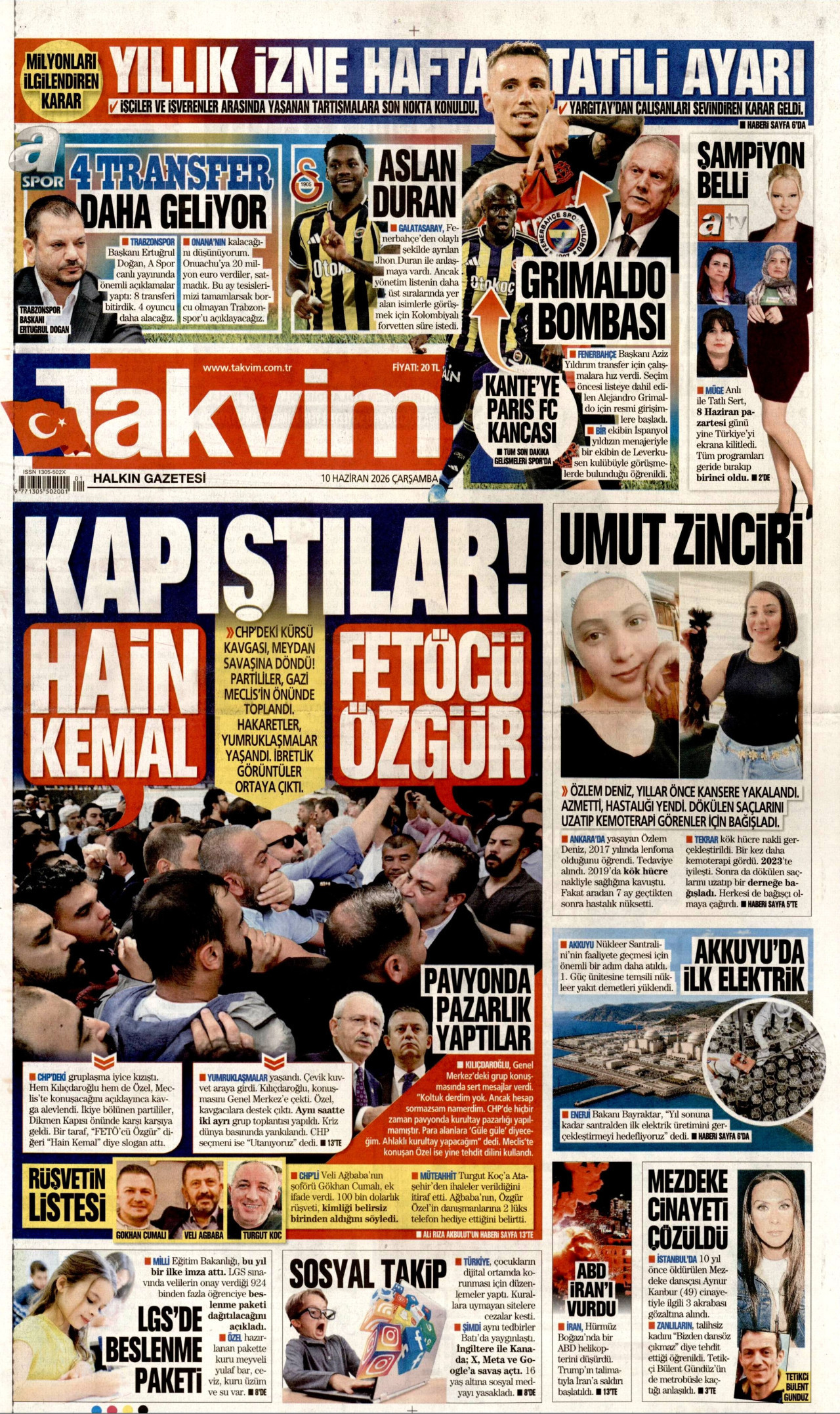 TAKVİM gazetesinin 10 Haziran 2026 tarihli birinci sayfası