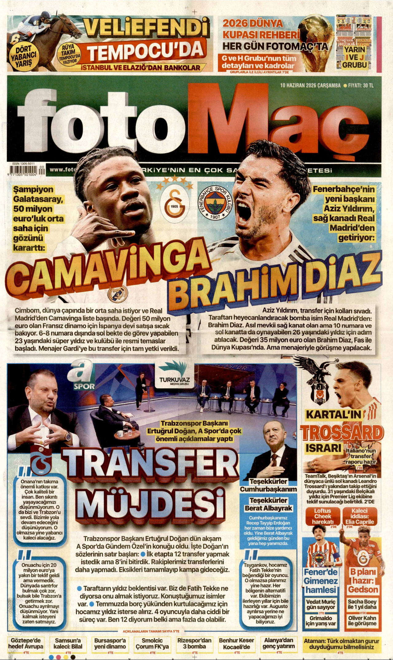 FOTOMAÇ gazetesinin 10 Haziran 2026 tarihli birinci sayfası