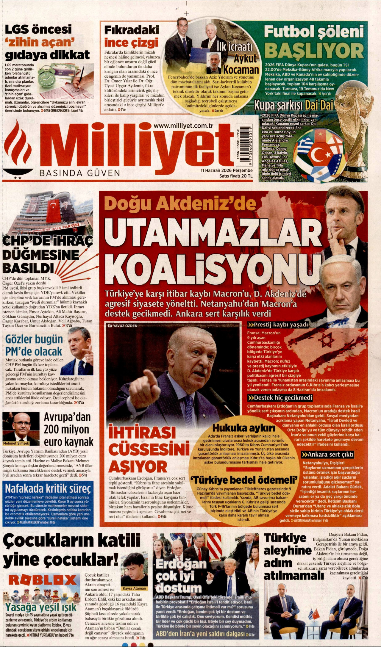 MİLLİYET gazetesinin 11 Haziran 2026 tarihli birinci sayfası
