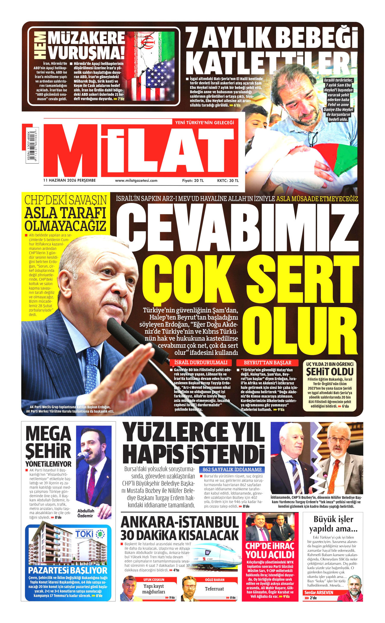 MİLAT gazetesinin 11 Haziran 2026 tarihli birinci sayfası