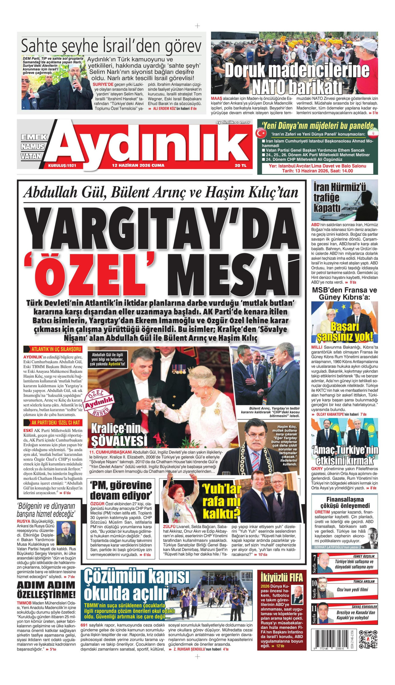 AYDINLIK GAZETESİ gazetesinin 12 Haziran 2026 tarihli birinci sayfası