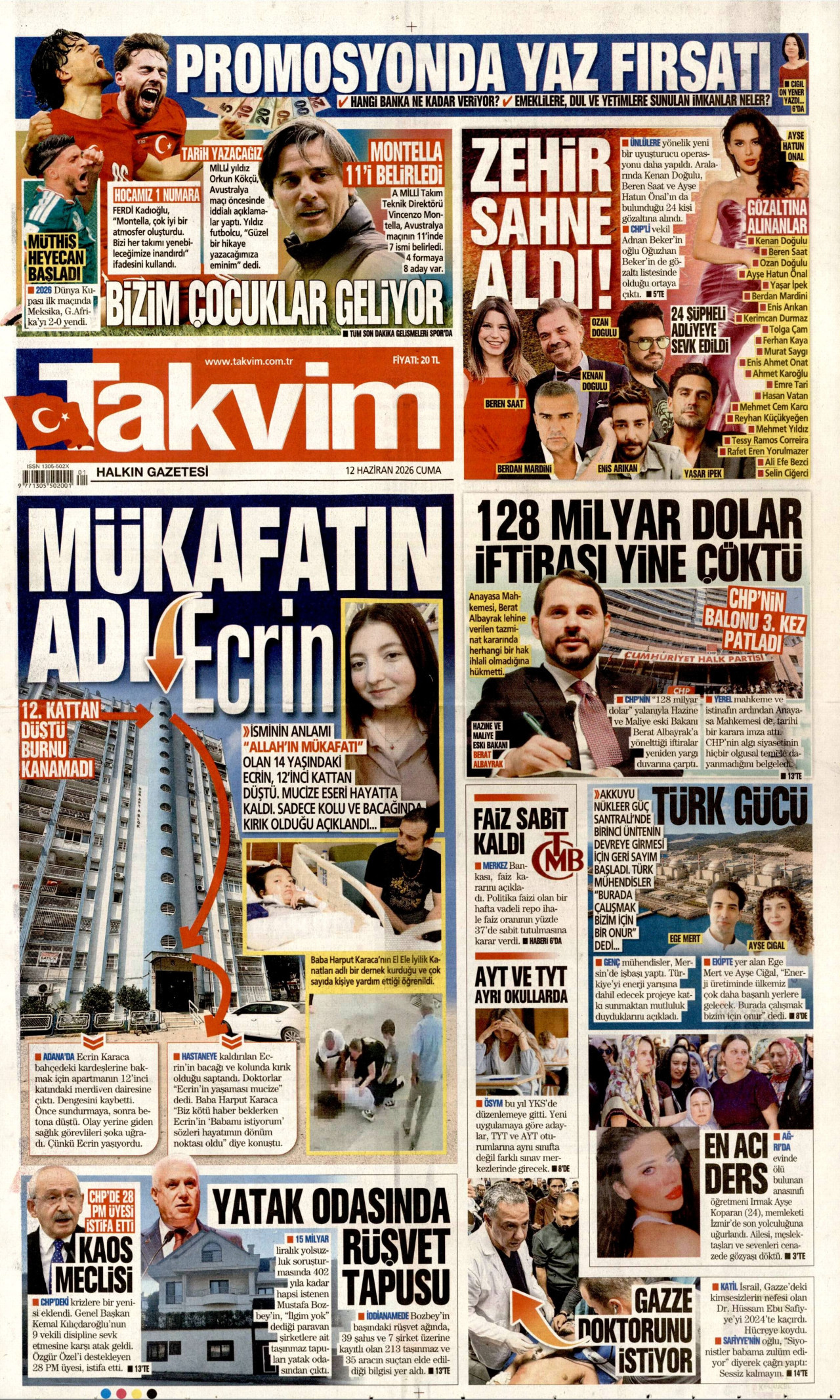 TAKVİM gazetesinin 12 Haziran 2026 tarihli birinci sayfası