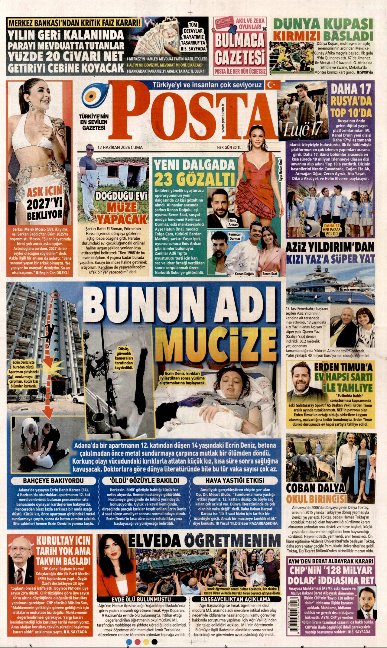 POSTA gazetesinin 12 Haziran 2026 tarihli birinci sayfası