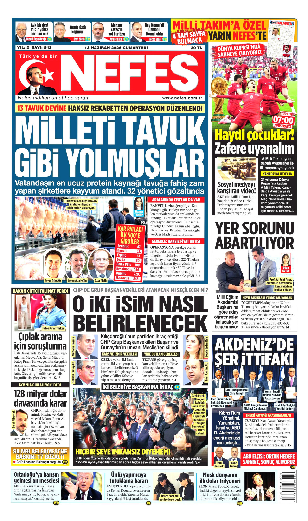 NEFES gazetesinin 13 Haziran 2026 tarihli birinci sayfası