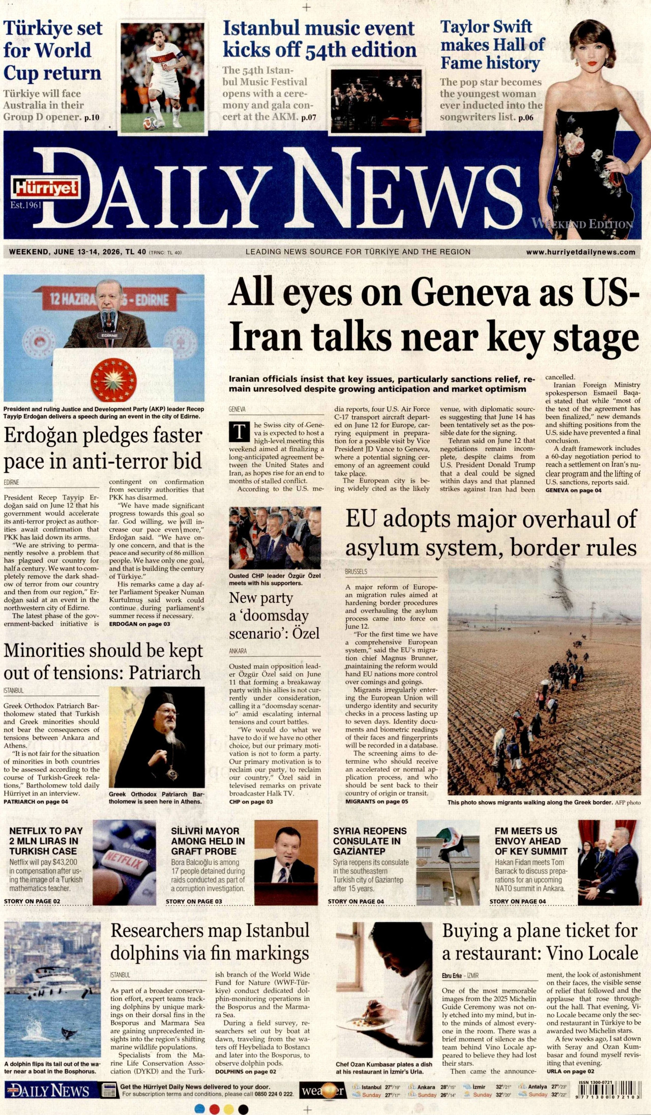 HÜRRİYET DAİLY NEWS gazetesinin 13 Haziran 2026 tarihli birinci sayfası