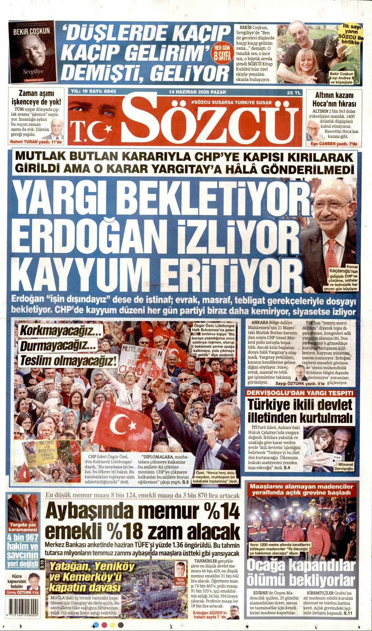 SÖZCÜ gazetesinin 14 Haziran 2026 tarihli birinci sayfası
