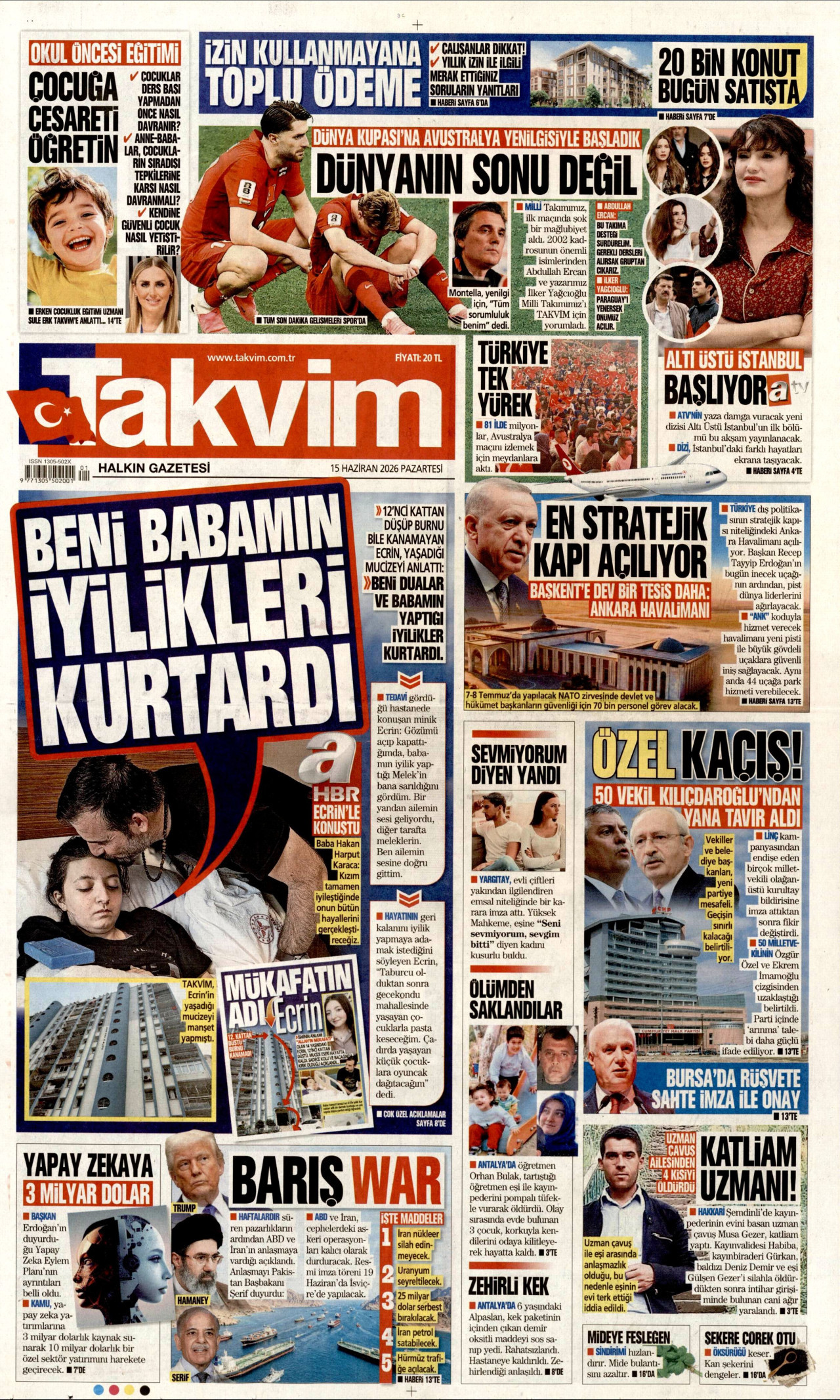 TAKVİM gazetesinin 15 Haziran 2026 tarihli birinci sayfası