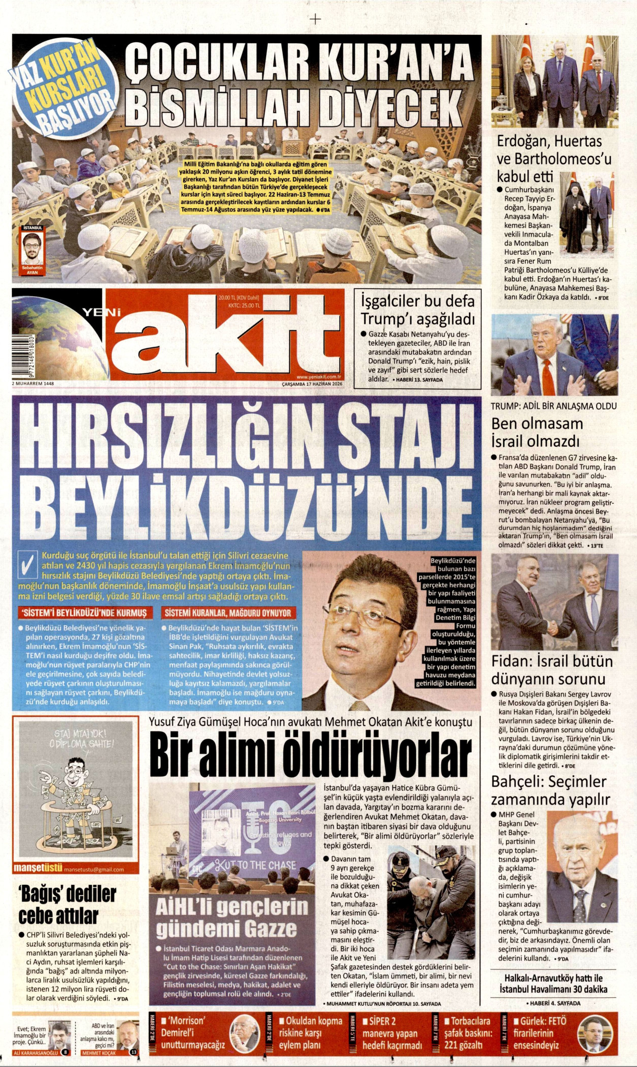 YENİ AKİT gazetesinin 17 Haziran 2026 tarihli birinci sayfası