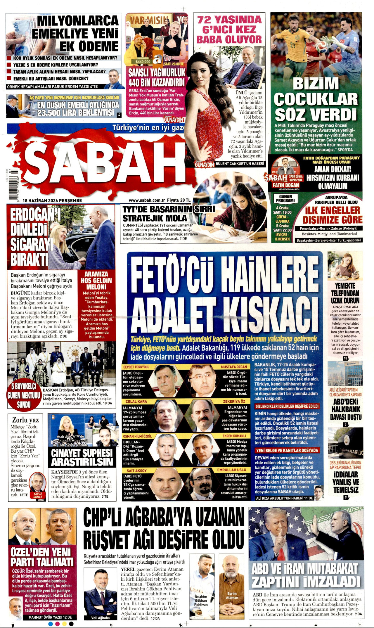 SABAH gazetesinin 18 Haziran 2026 tarihli birinci sayfası