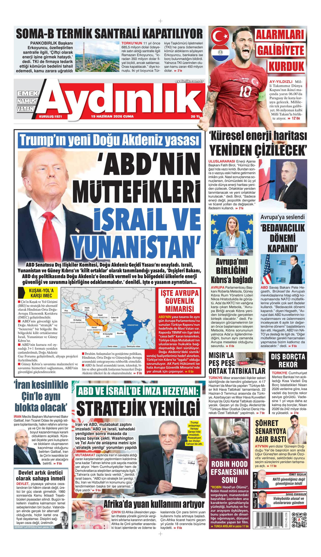 AYDINLIK GAZETESİ gazetesinin 19 Haziran 2026 tarihli birinci sayfası