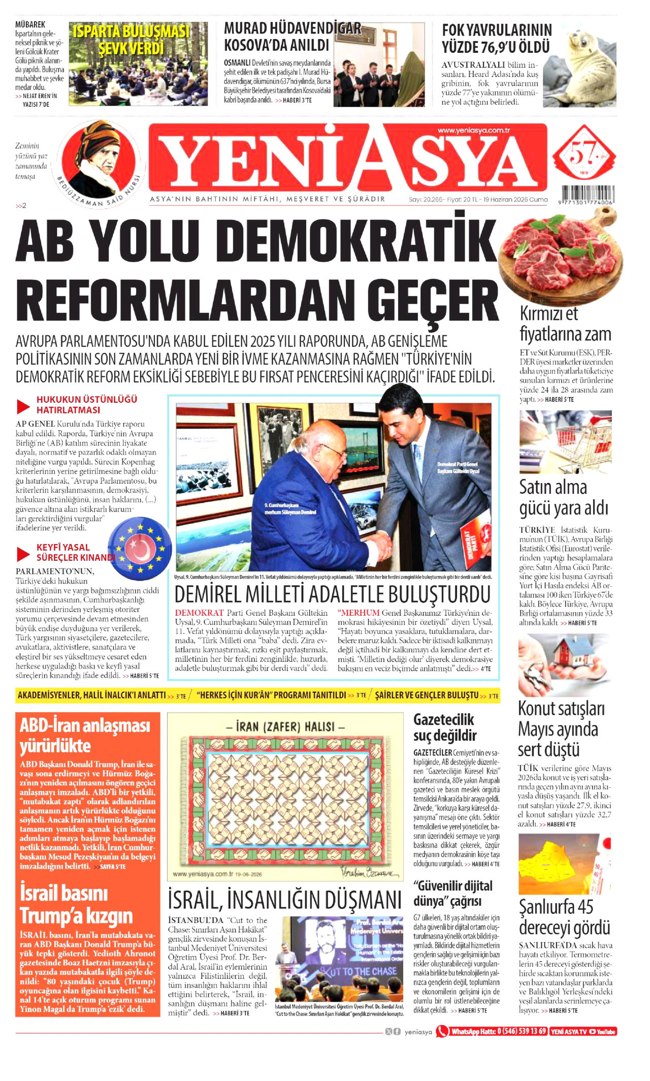 YENİ ASYA gazetesinin 19 Haziran 2026 tarihli birinci sayfası
