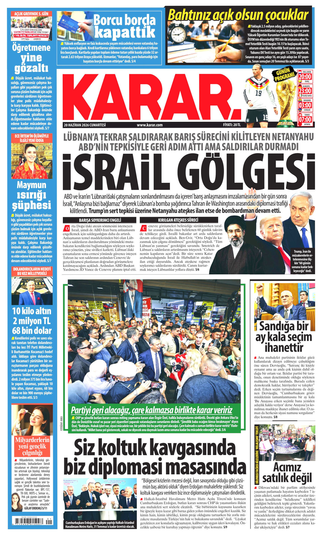 KARAR gazetesinin 20 Haziran 2026 tarihli birinci sayfası