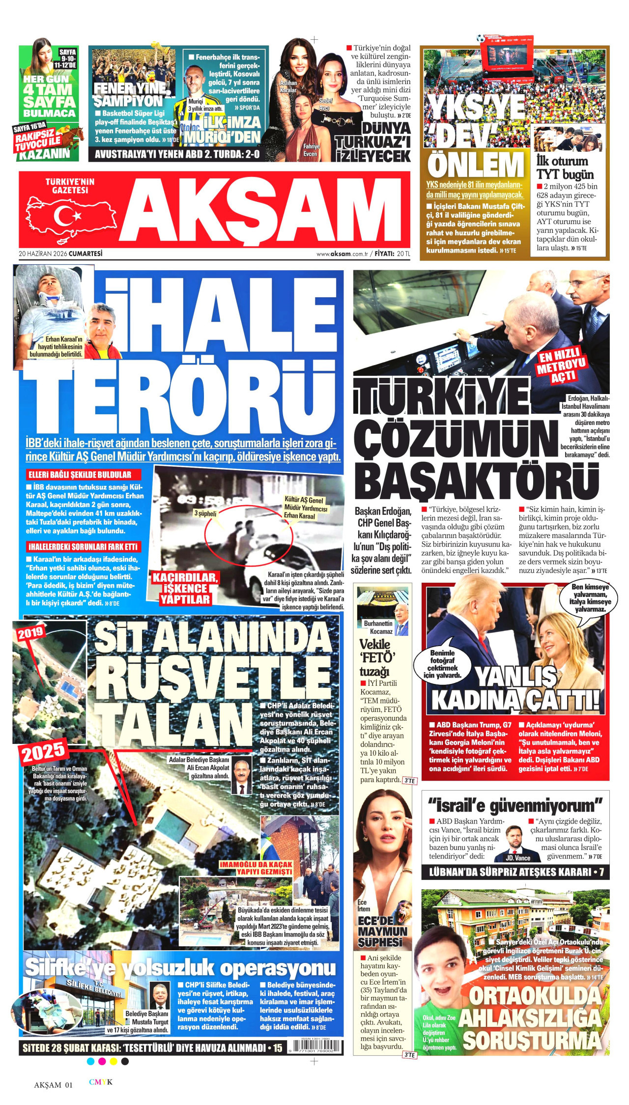 AKŞAM gazetesinin 20 Haziran 2026 tarihli birinci sayfası