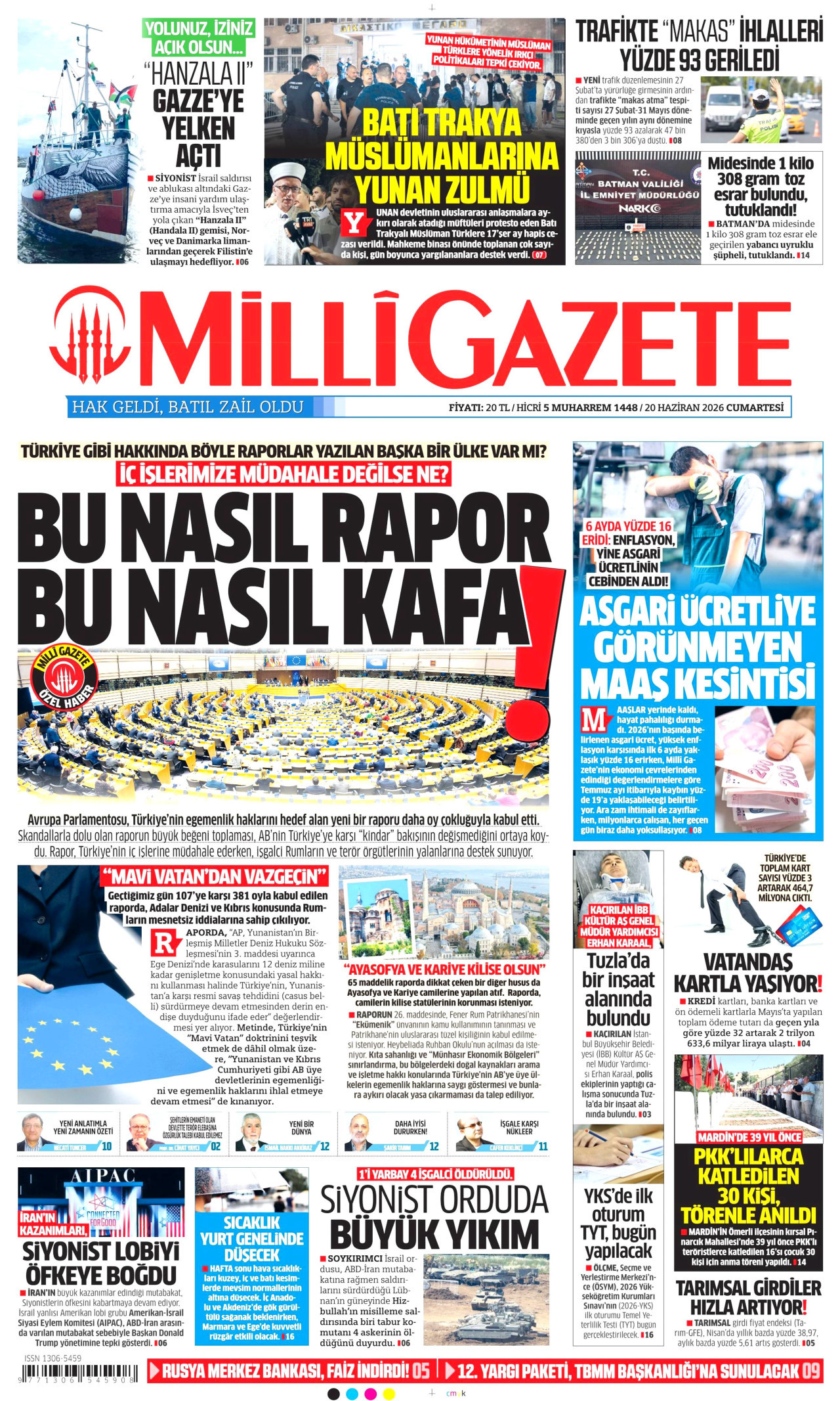 MİLLİ GAZETE gazetesinin 20 Haziran 2026 tarihli birinci sayfası