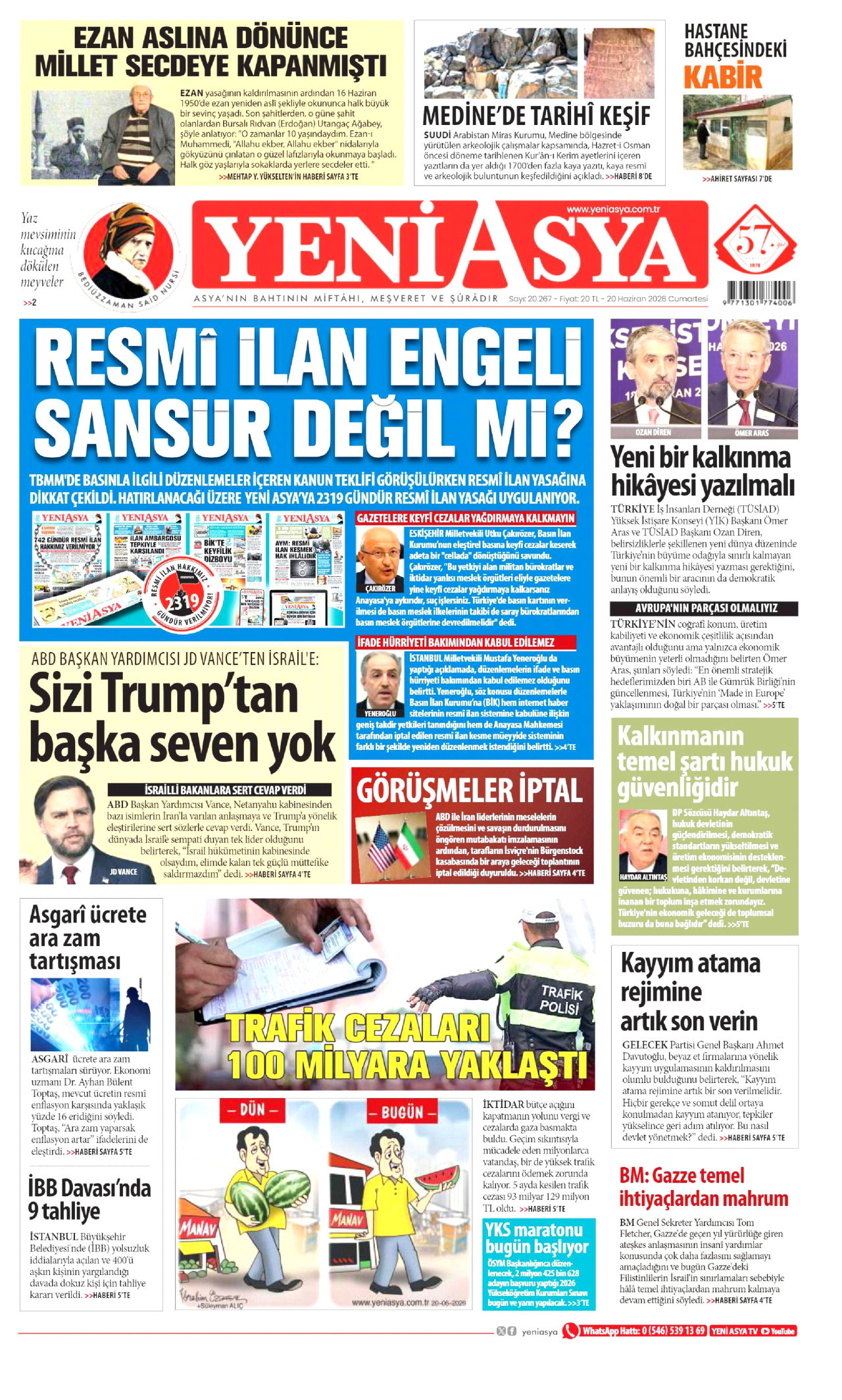 YENİ ASYA gazetesinin 20 Haziran 2026 tarihli birinci sayfası