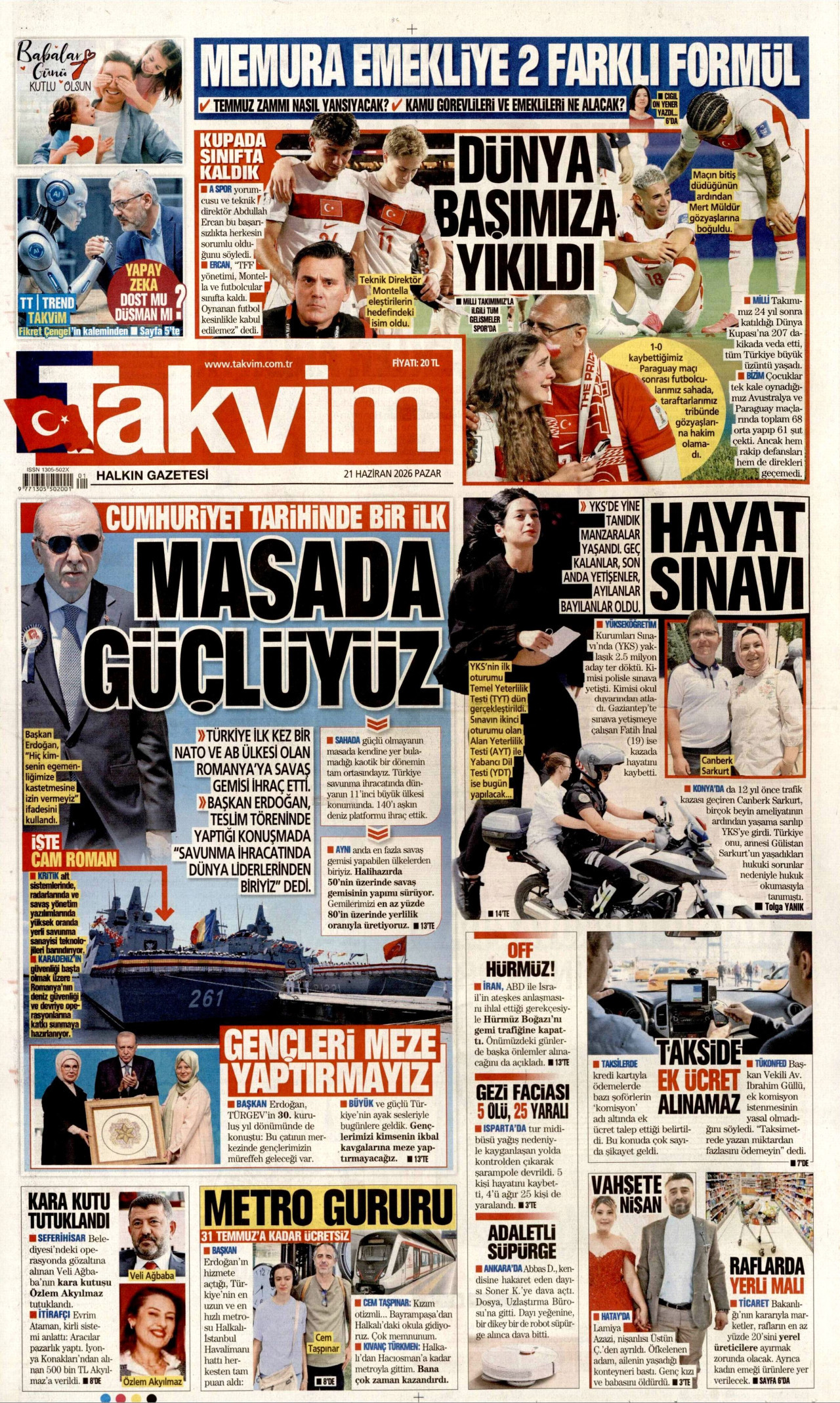 TAKVİM gazetesinin 21 Haziran 2026 tarihli birinci sayfası