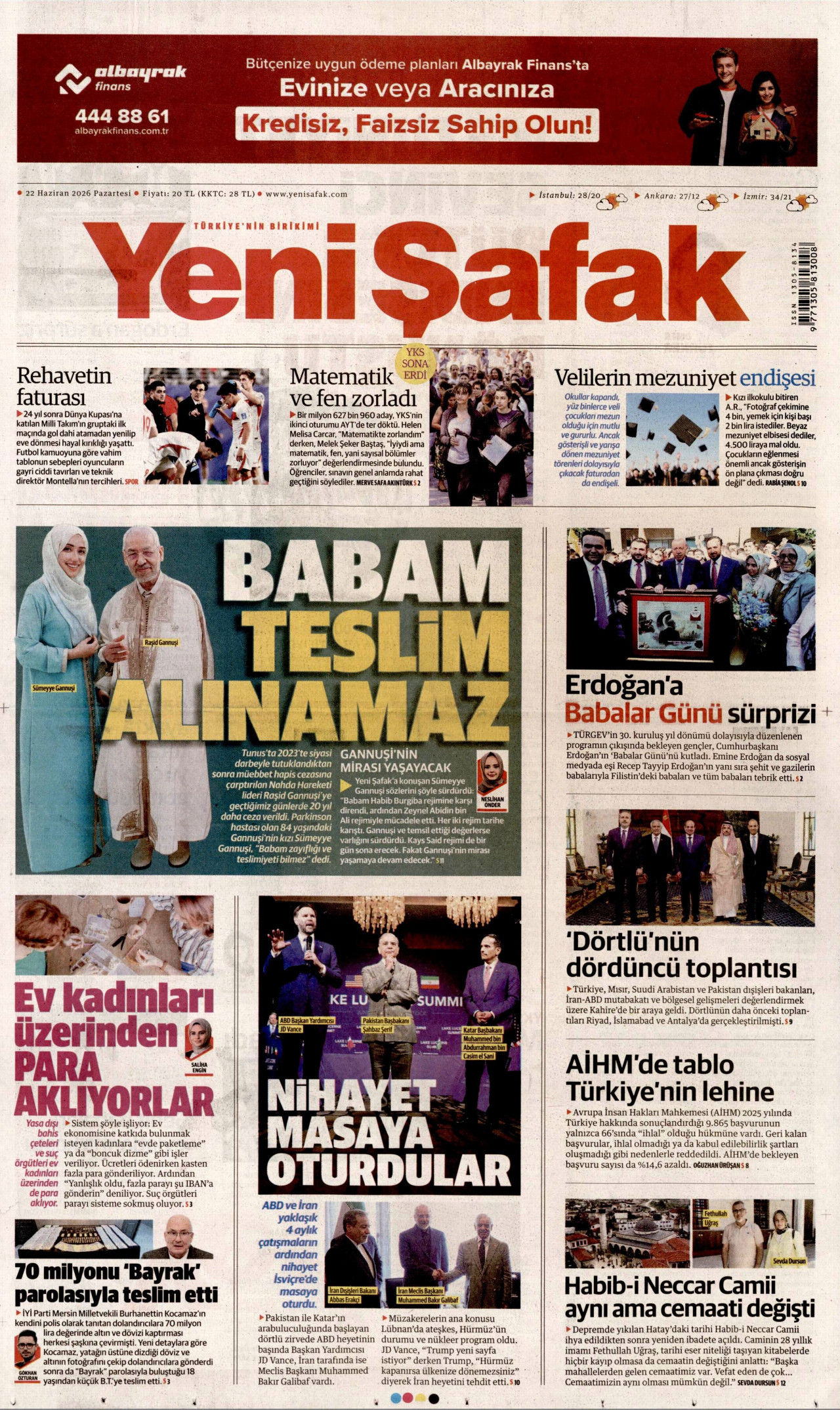 YENİ ŞAFAK gazetesinin 22 Haziran 2026 tarihli birinci sayfası