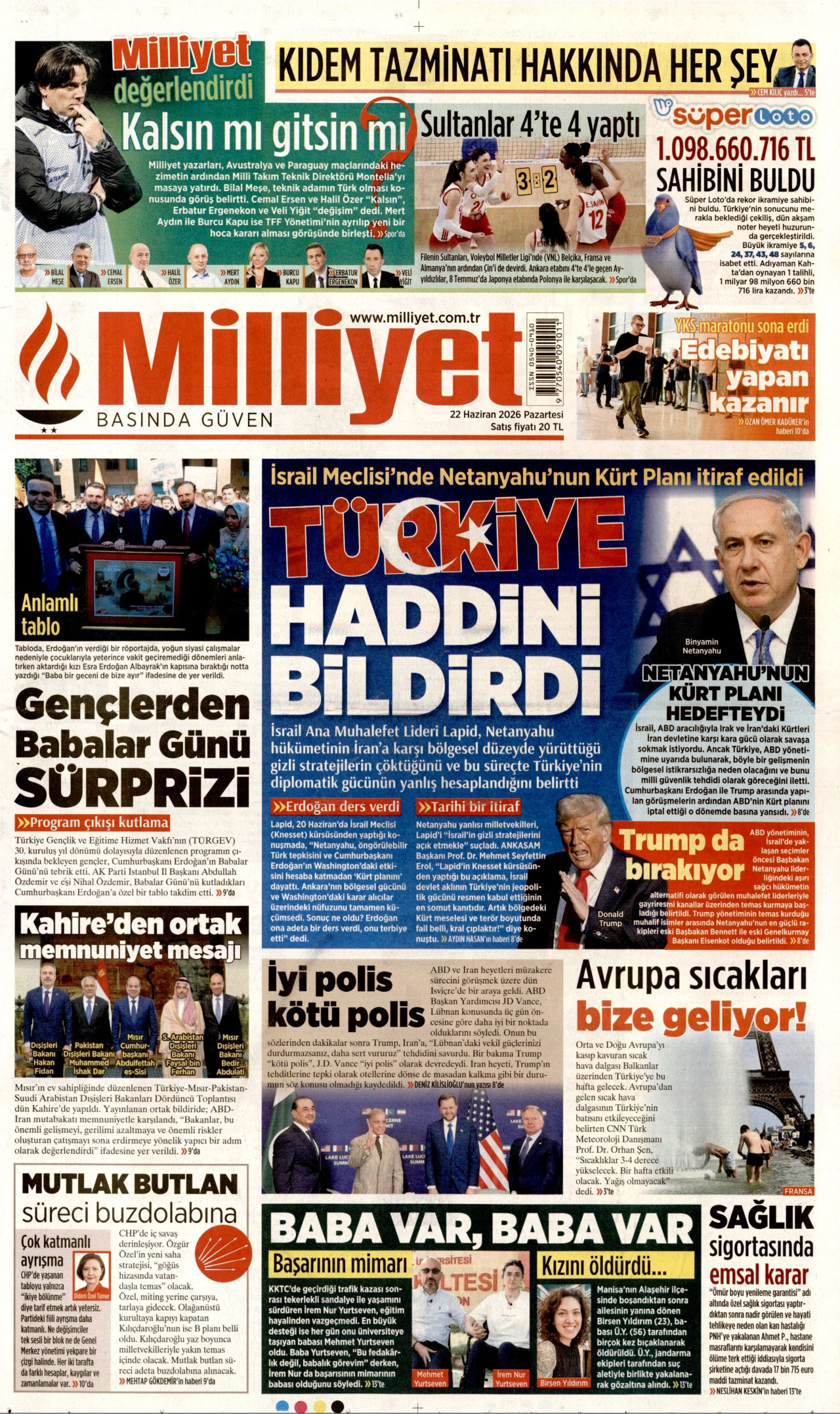 MİLLİYET gazetesinin 22 Haziran 2026 tarihli birinci sayfası
