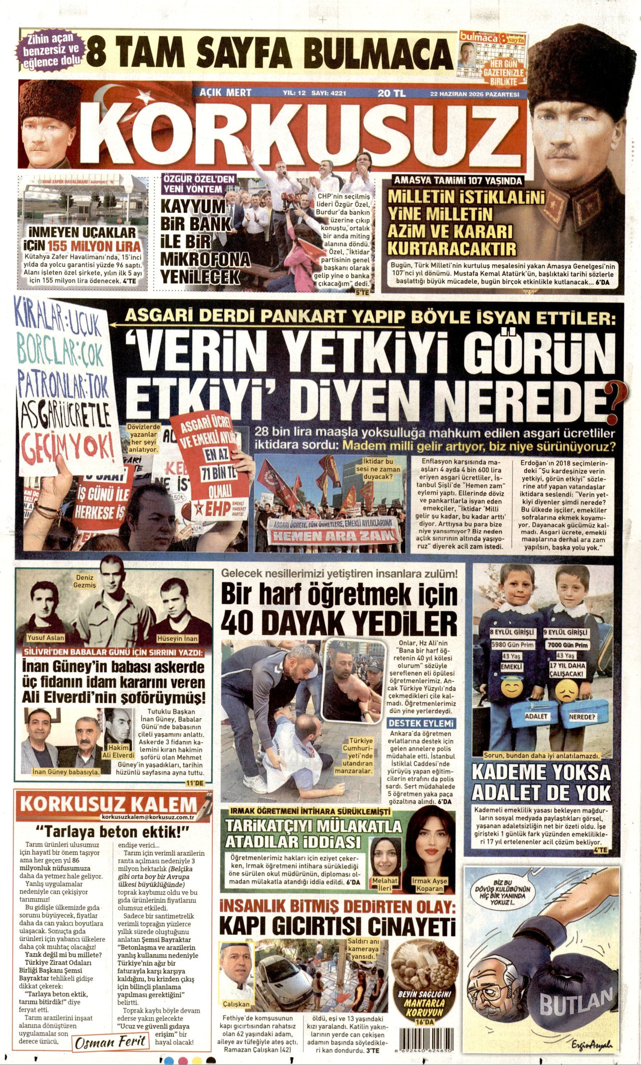 KORKUSUZ gazetesinin 22 Haziran 2026 tarihli birinci sayfası