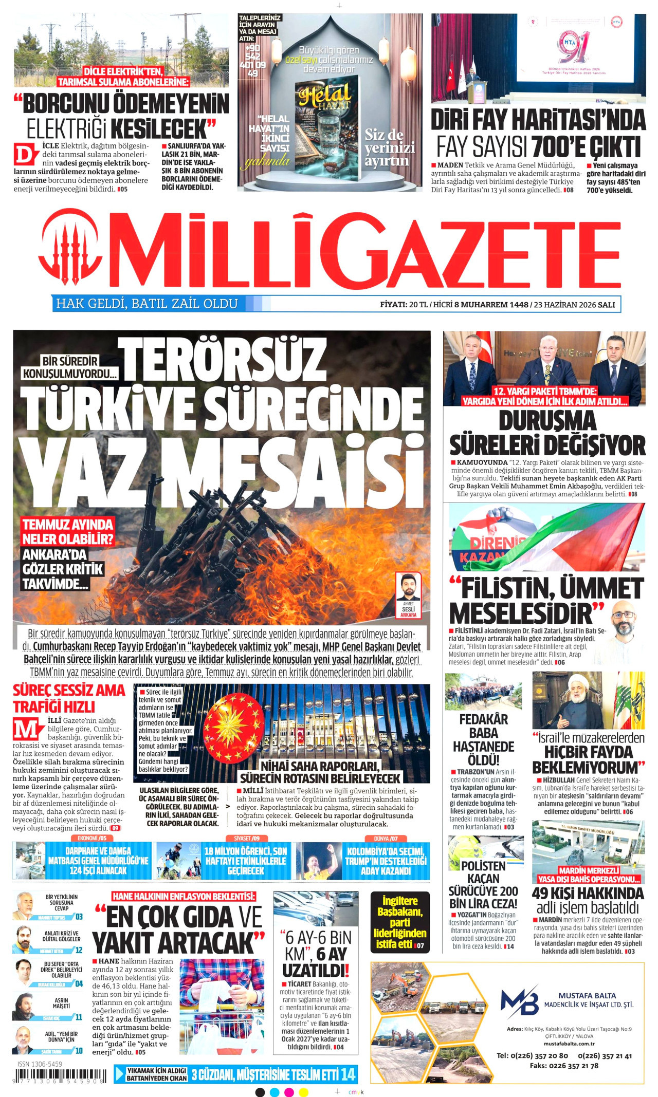MİLLİ GAZETE gazetesinin 23 Haziran 2026 tarihli birinci sayfası