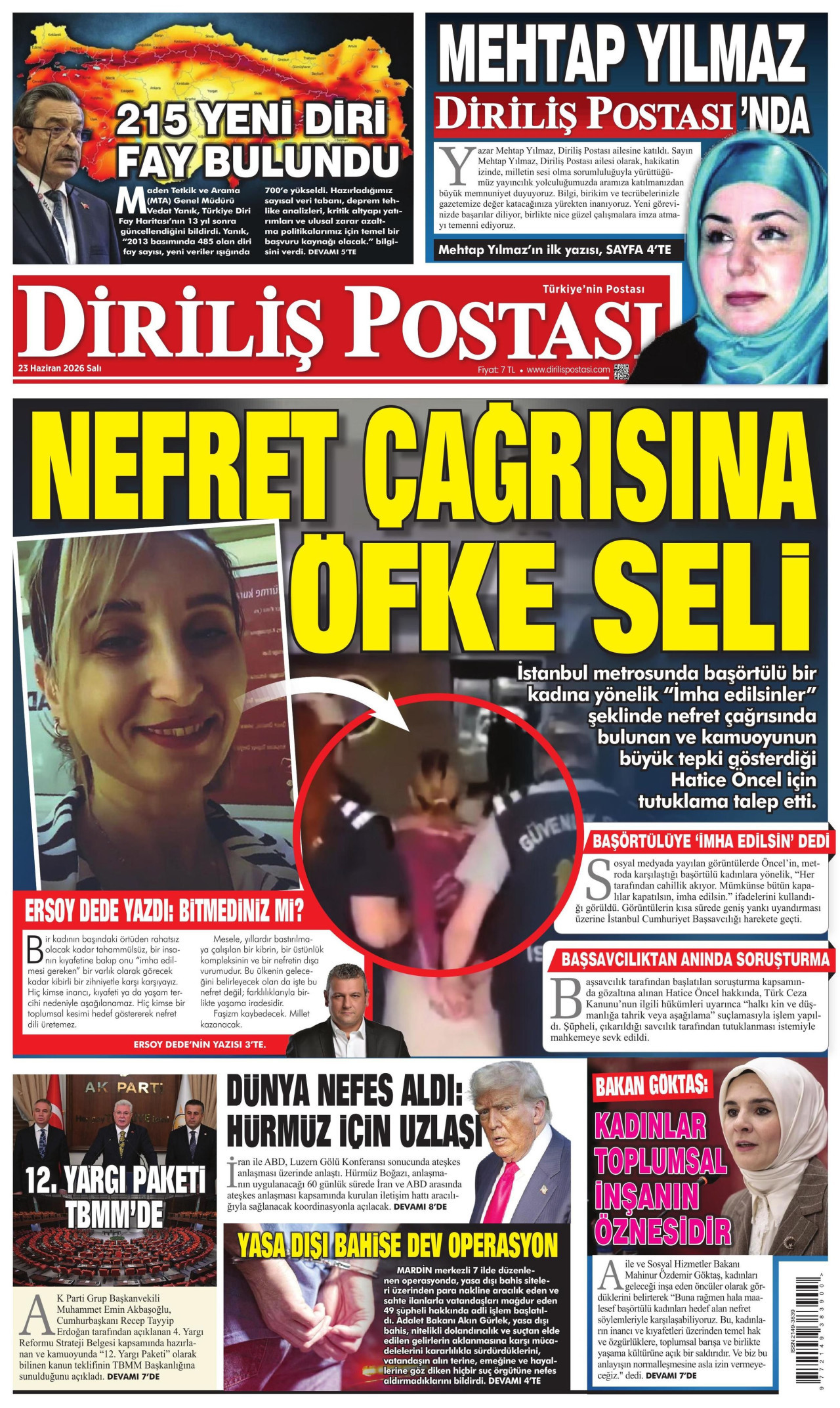 DİRİLİŞ POSTASI gazetesinin 23 Haziran 2026 tarihli birinci sayfası