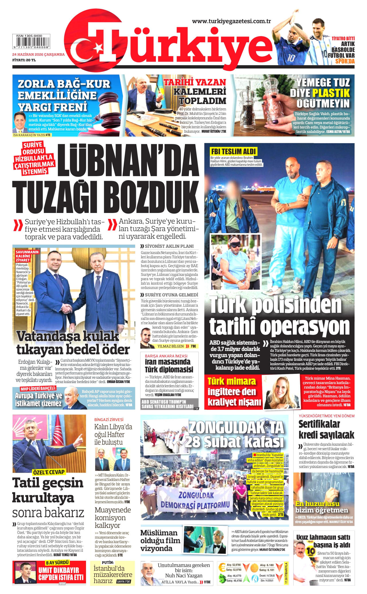 TÜRKİYE GAZETESİ gazetesinin 24 Haziran 2026 tarihli birinci sayfası