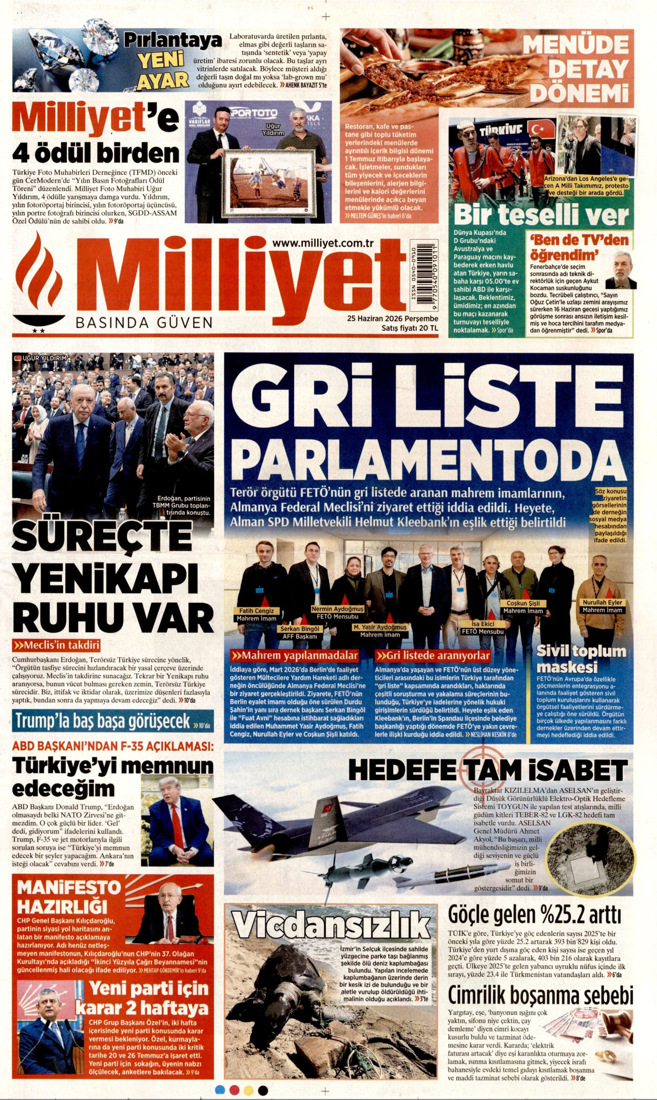 MİLLİYET gazetesinin 25 Haziran 2026 tarihli birinci sayfası