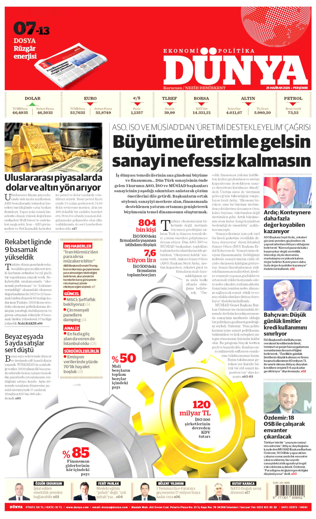 DÜNYA gazetesinin 25 Haziran 2026 tarihli birinci sayfası