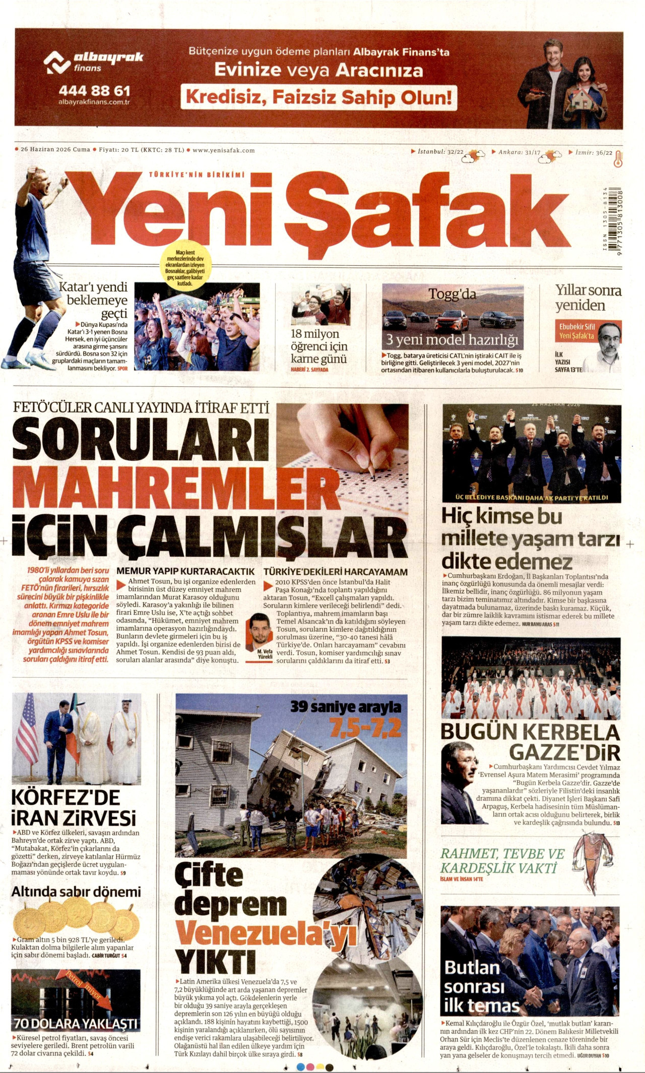 YENİ ŞAFAK gazetesinin 26 Haziran 2026 tarihli birinci sayfası