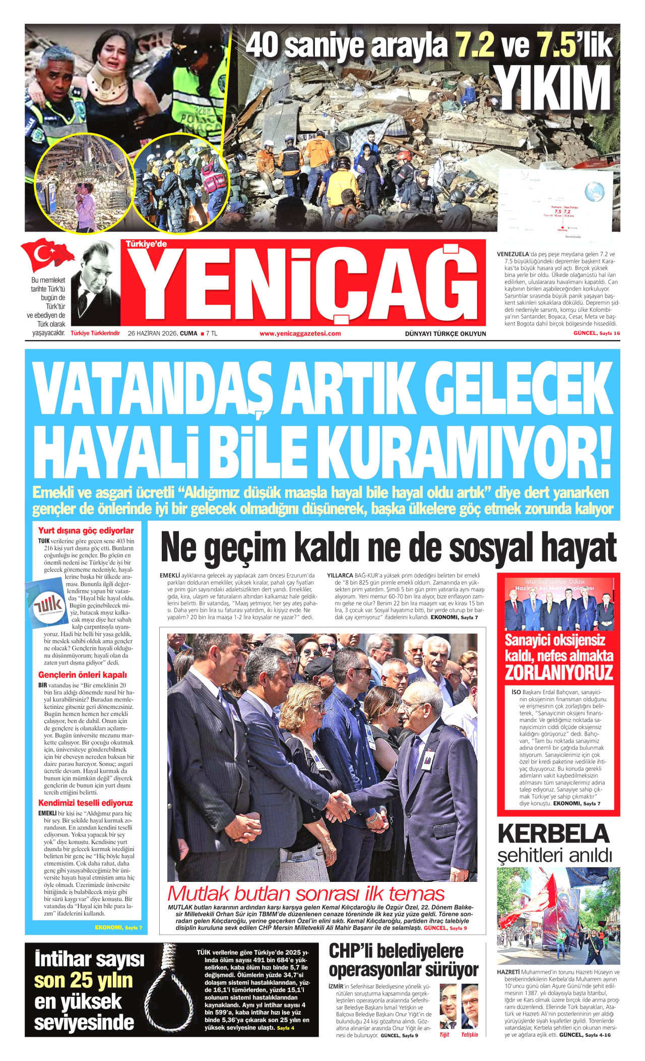 YENİÇAĞ gazetesinin 26 Haziran 2026 tarihli birinci sayfası