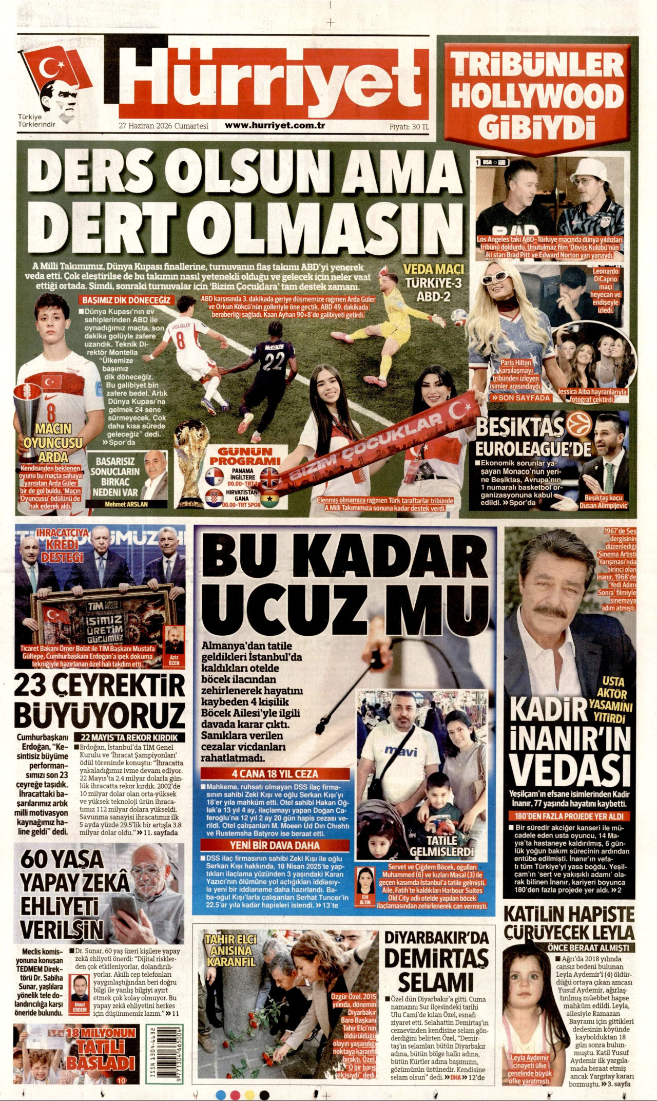 HÜRRİYET gazetesinin 27 Haziran 2026 tarihli birinci sayfası