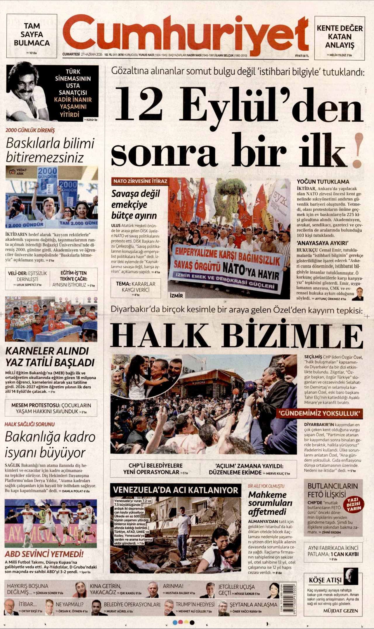 CUMHURİYET gazetesinin 27 Haziran 2026 tarihli birinci sayfası