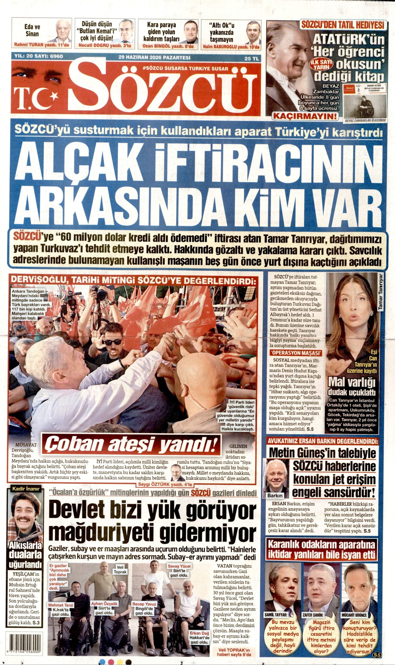 SÖZCÜ gazetesinin 29 Haziran 2026 tarihli birinci sayfası