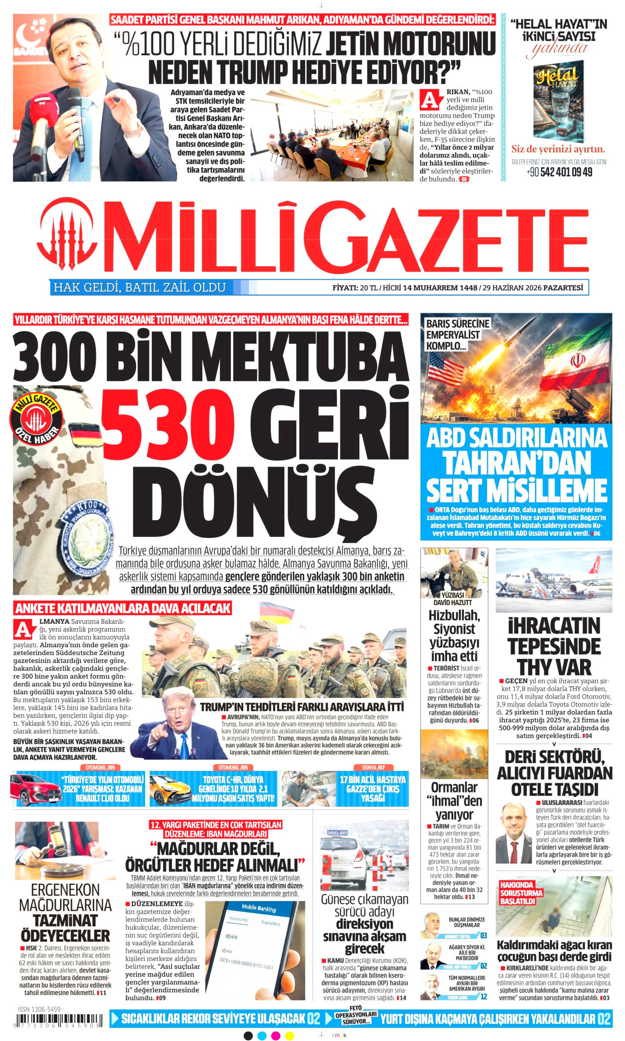 MİLLİ GAZETE gazetesinin 29 Haziran 2026 tarihli birinci sayfası